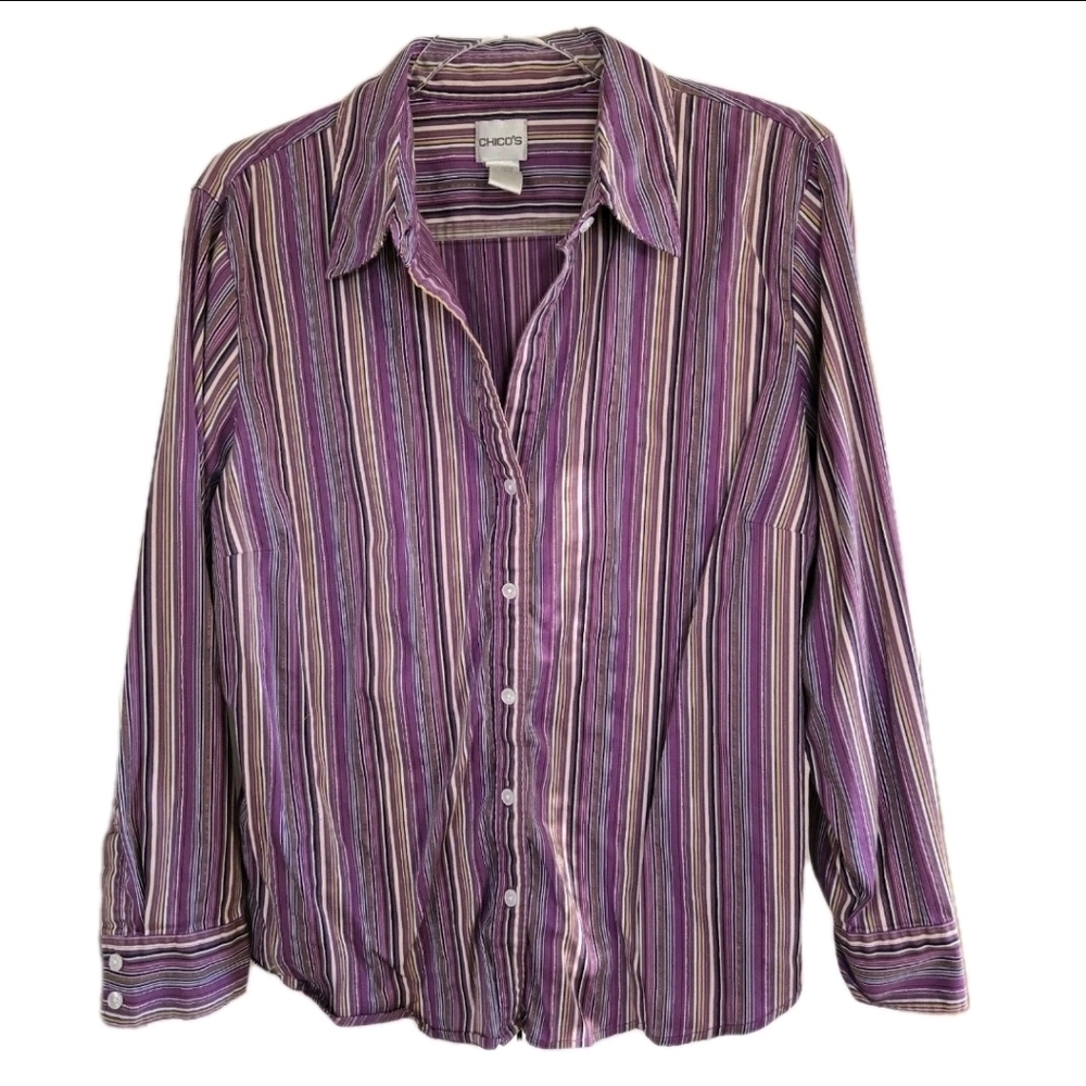 Y2K Chico's Button Up Top Size L Purple Stripes Metallic Office Casual Collar